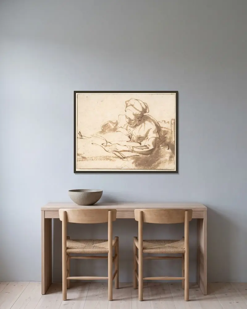 Lesende Frau – Nr. 1 von Rembrandt van Rijn gerahmt an einer Wand