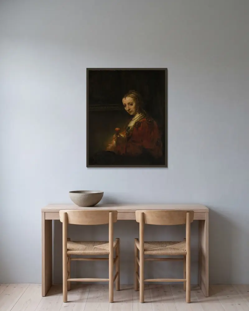 Woman with a Pink av Rembrandt van Rijn inramad på en vägg