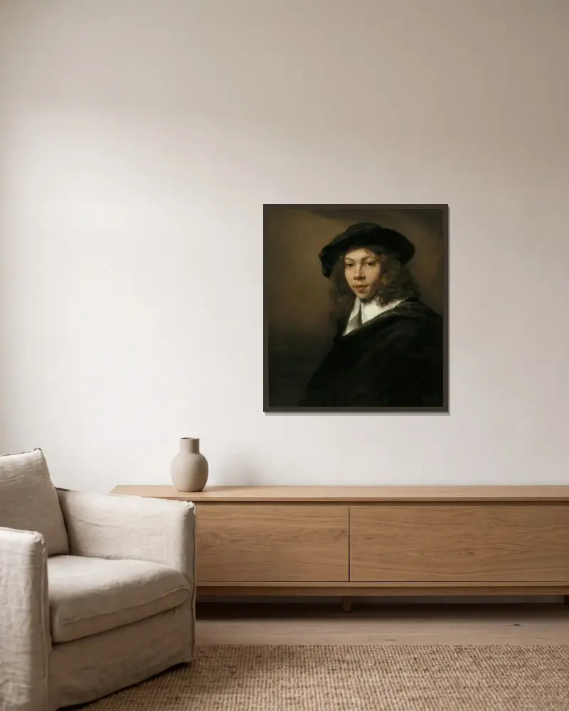 Young Man in a Black Beret av Rembrandt van Rijn inramad på en vägg