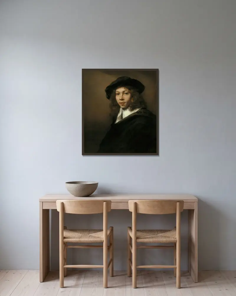 Young Man in a Black Beret av Rembrandt van Rijn inramad på en vägg