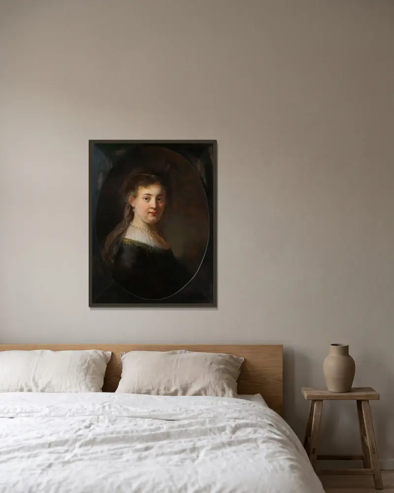 Young Woman in Fantasy Costume av Rembrandt van Rijn inramad på en vägg