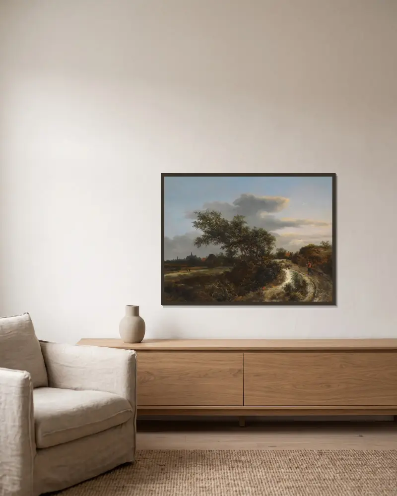 Dynlandskap med bonde på sandig väg och Haarlem i fjärran av Jacob van Ruisdael inramad på en vägg
