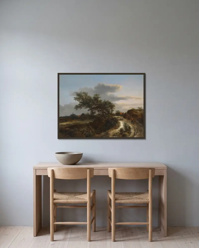 Dynlandskap med bonde på sandig väg och Haarlem i fjärran av Jacob van Ruisdael inramad på en vägg