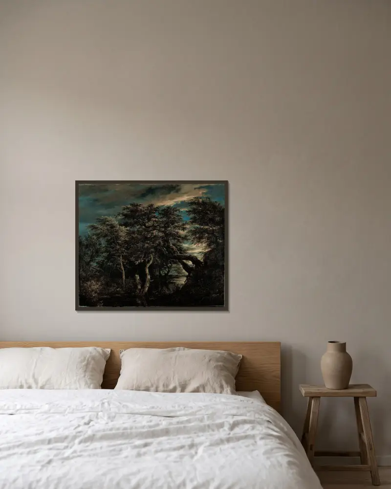 Kärrmark i skog i skymningen av Jacob van Ruisdael inramad på en vägg