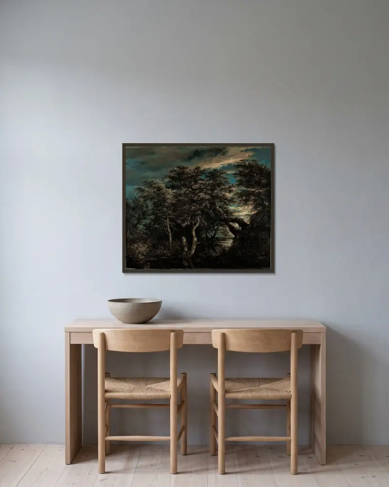 Kärrmark i skog i skymningen av Jacob van Ruisdael inramad på en vägg