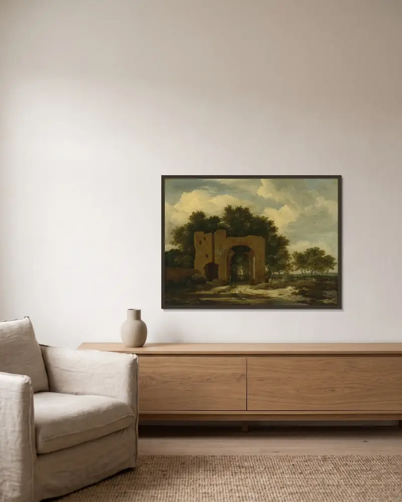 En ruinerad slottsport, möjligen valvet vid Huis ter Kleef av Jacob van Ruisdael inramad på en vägg