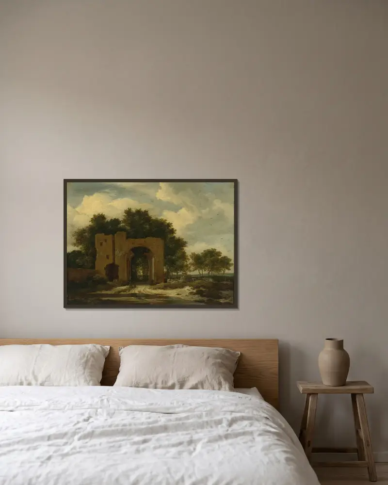 En ruinerad slottsport, möjligen valvet vid Huis ter Kleef av Jacob van Ruisdael inramad på en vägg