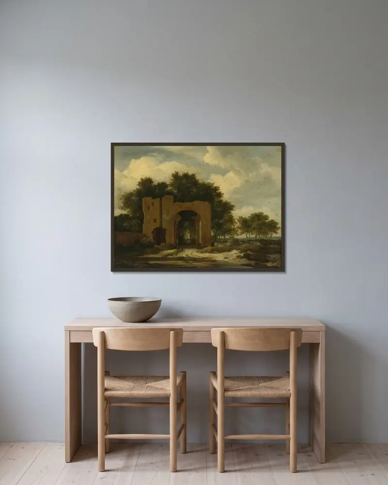 En ruinerad slottsport, möjligen valvet vid Huis ter Kleef av Jacob van Ruisdael inramad på en vägg