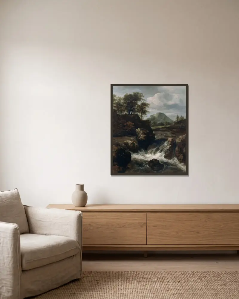 Ett vattenfall av Jacob van Ruisdael inramad på en vägg