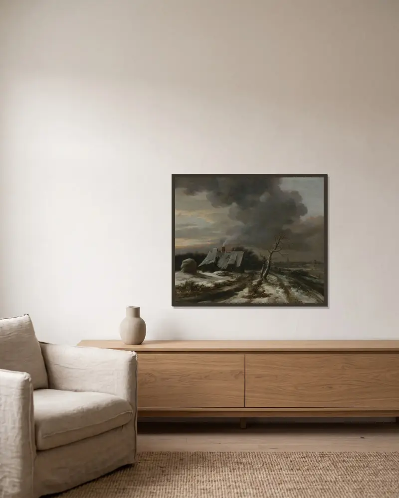 Vinterlandskap med utsikt över floden Amstel och Amsterdam i fjärran av Jacob van Ruisdael inramad på en vägg