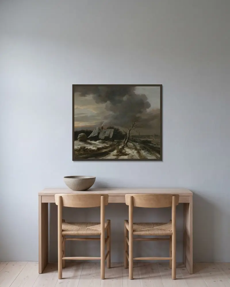 Vinterlandskap med utsikt över floden Amstel och Amsterdam i fjärran av Jacob van Ruisdael inramad på en vägg