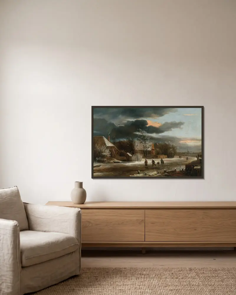 Vinterlandskap med by och frusen kanal av Jacob van Ruisdael inramad på en vägg