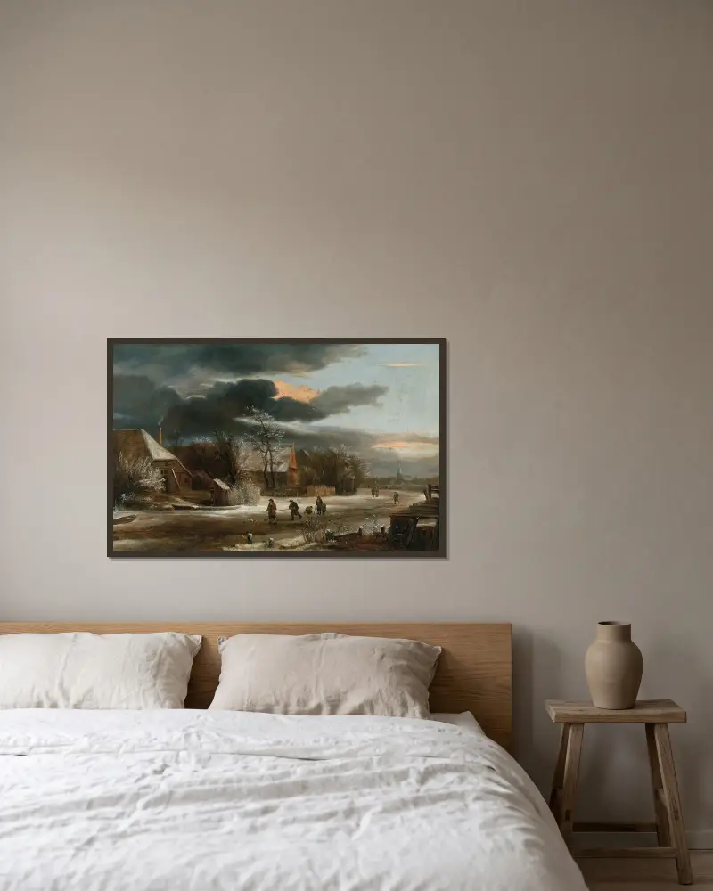 Vinterlandskap med by och frusen kanal av Jacob van Ruisdael inramad på en vägg