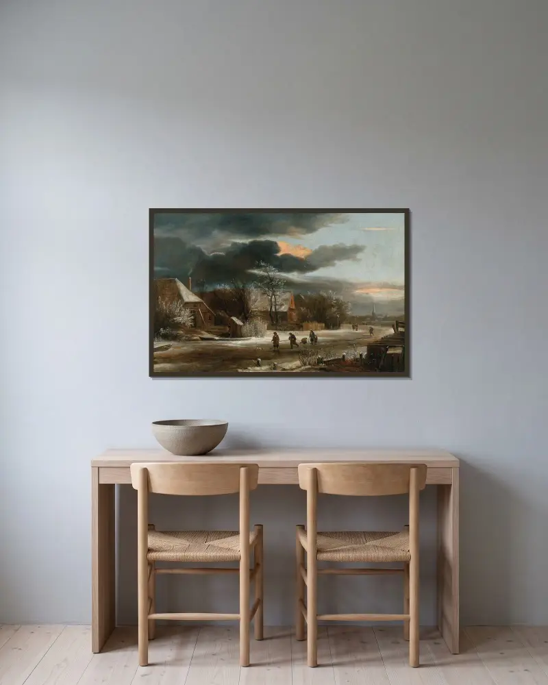 Vinterlandskap med by och frusen kanal av Jacob van Ruisdael inramad på en vägg
