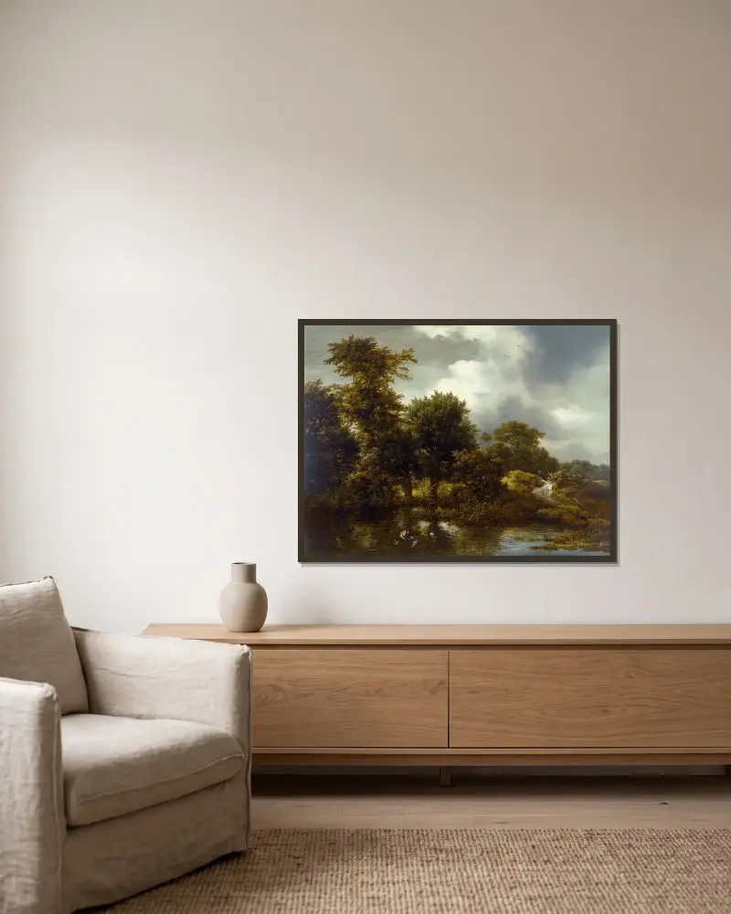 Skogslandskap med damm av Jacob van Ruisdael inramad på en vägg