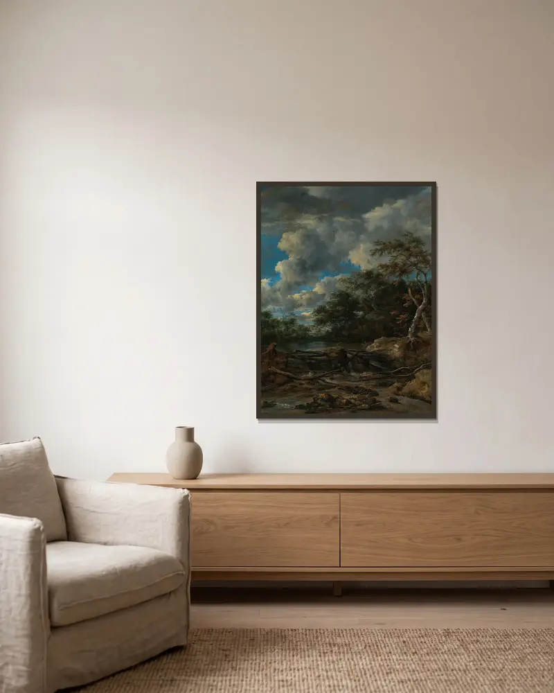Skogslandskap med vattenfall av Jacob van Ruisdael inramad på en vägg