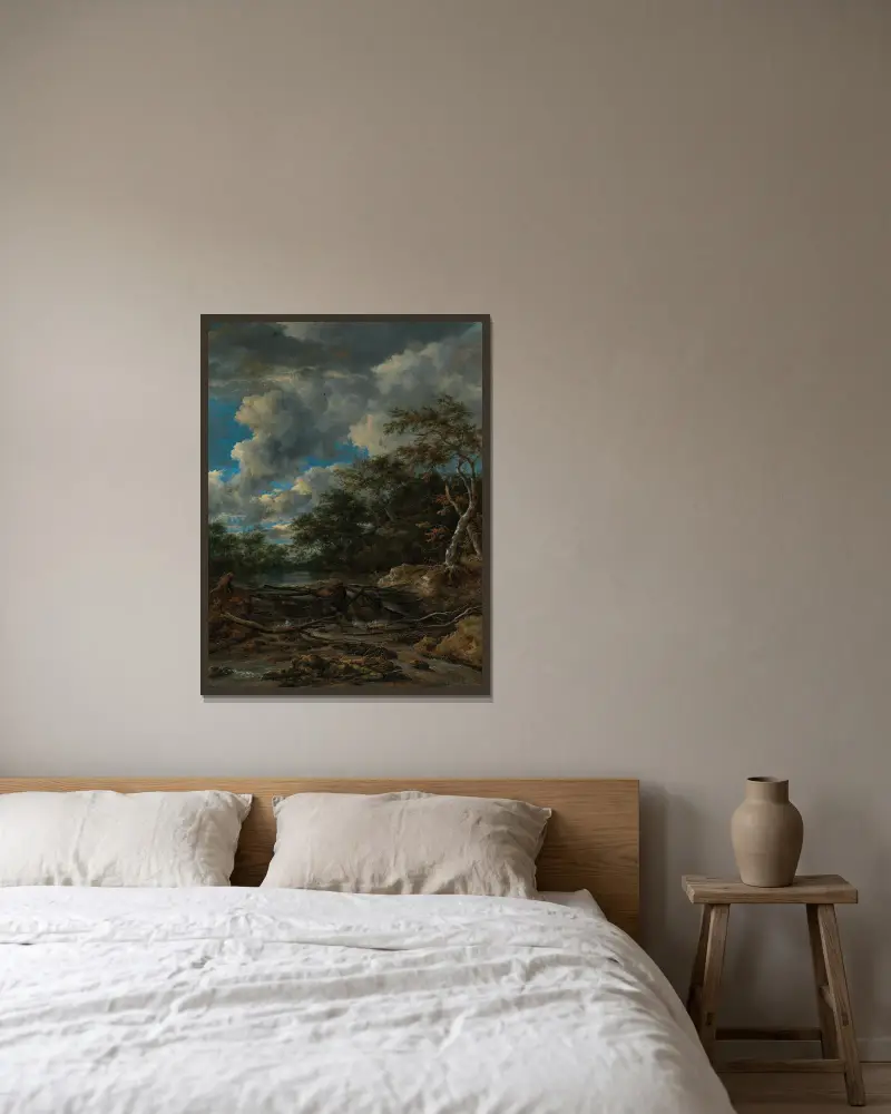 Skogslandskap med vattenfall av Jacob van Ruisdael inramad på en vägg