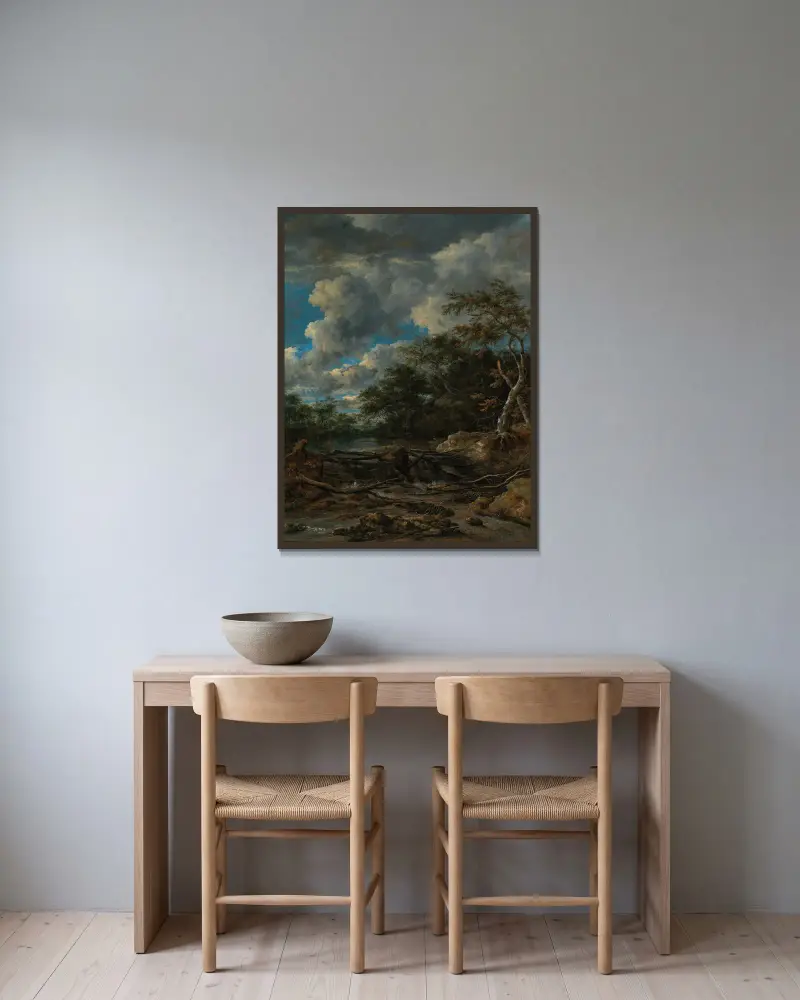 Skogslandskap med vattenfall av Jacob van Ruisdael inramad på en vägg