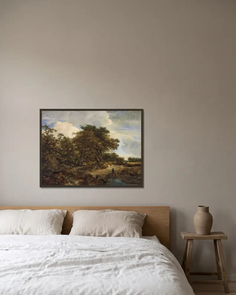 Skogslandskap med stugor, en figur och hundar på en jordväg av Jacob van Ruisdael inramad på en vägg