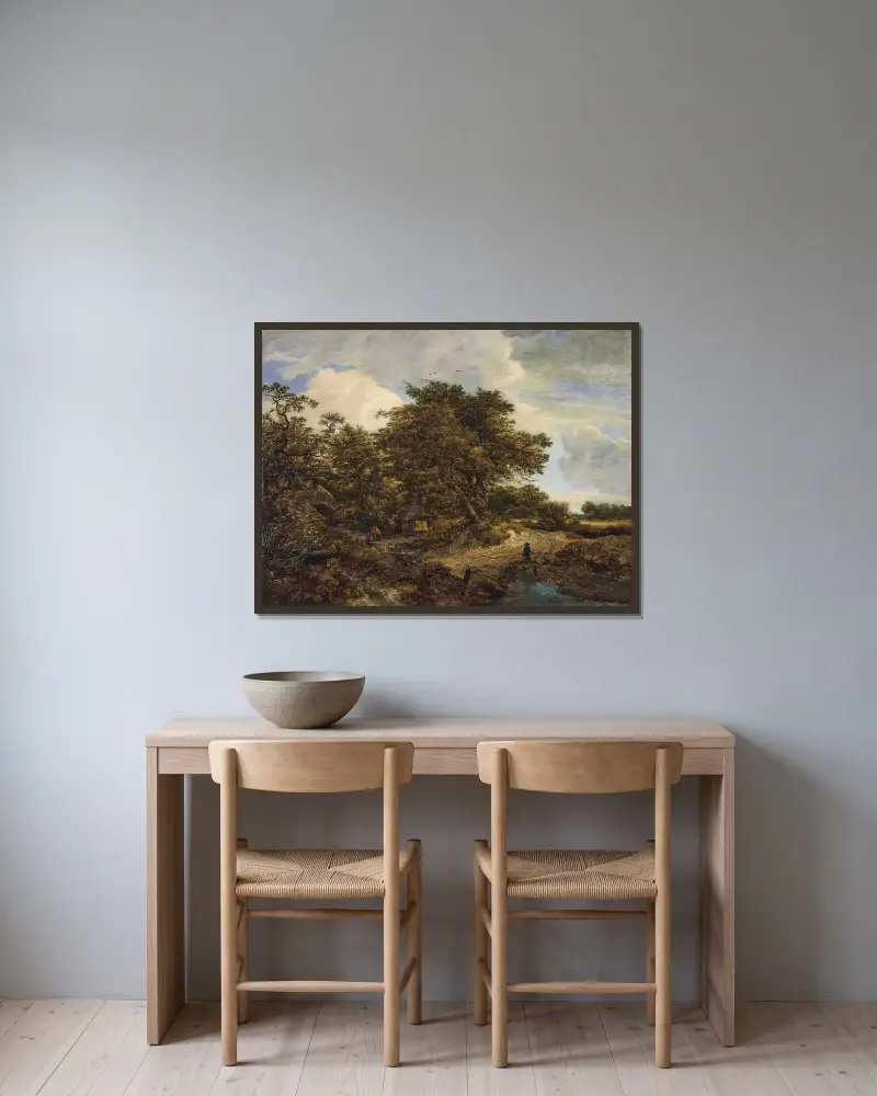 Skogslandskap med stugor, en figur och hundar på en jordväg av Jacob van Ruisdael inramad på en vägg