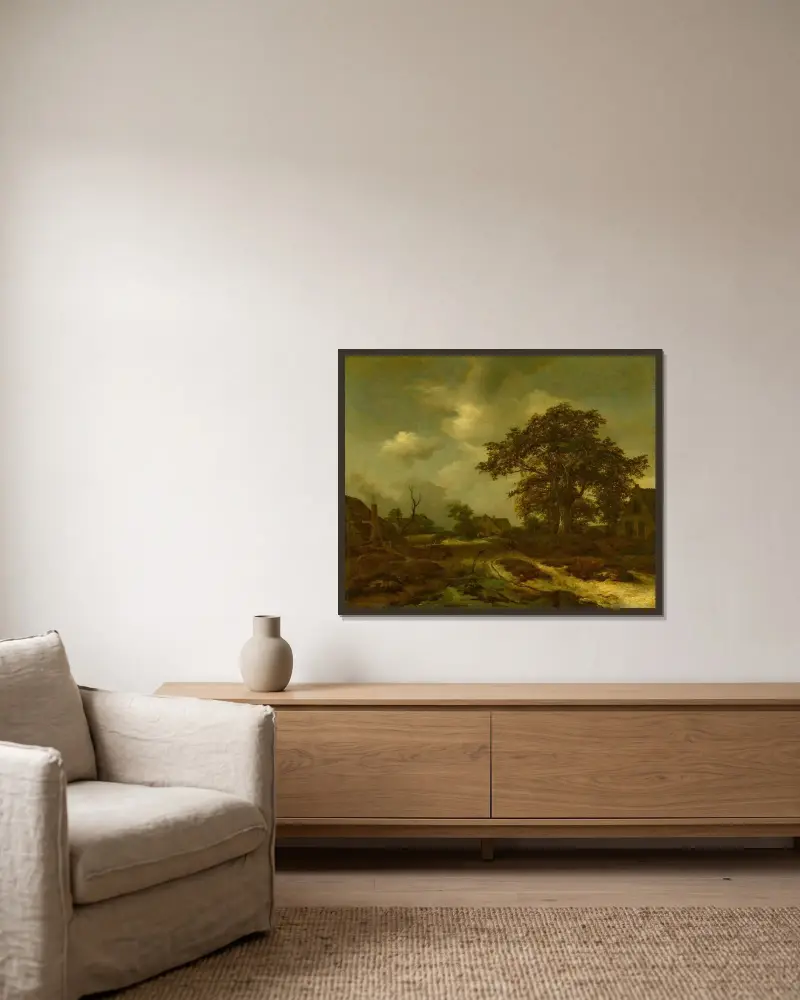Skogslandskap med stugor, bybor och en hund i bakgrunden av Jacob van Ruisdael inramad på en vägg