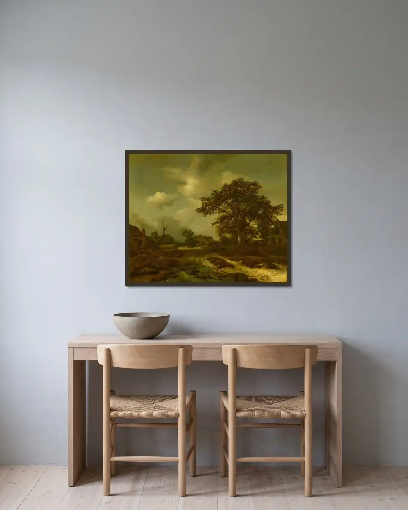 Skogslandskap med stugor, bybor och en hund i bakgrunden av Jacob van Ruisdael inramad på en vägg