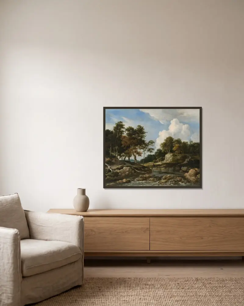 Skogslandskap med flod och bro, kyrka i bakgrunden av Jacob van Ruisdael inramad på en vägg