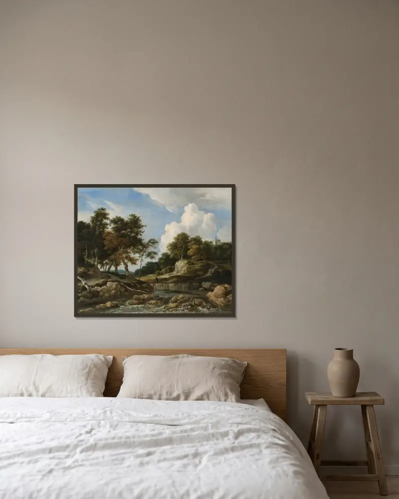 Skogslandskap med flod och bro, kyrka i bakgrunden av Jacob van Ruisdael inramad på en vägg
