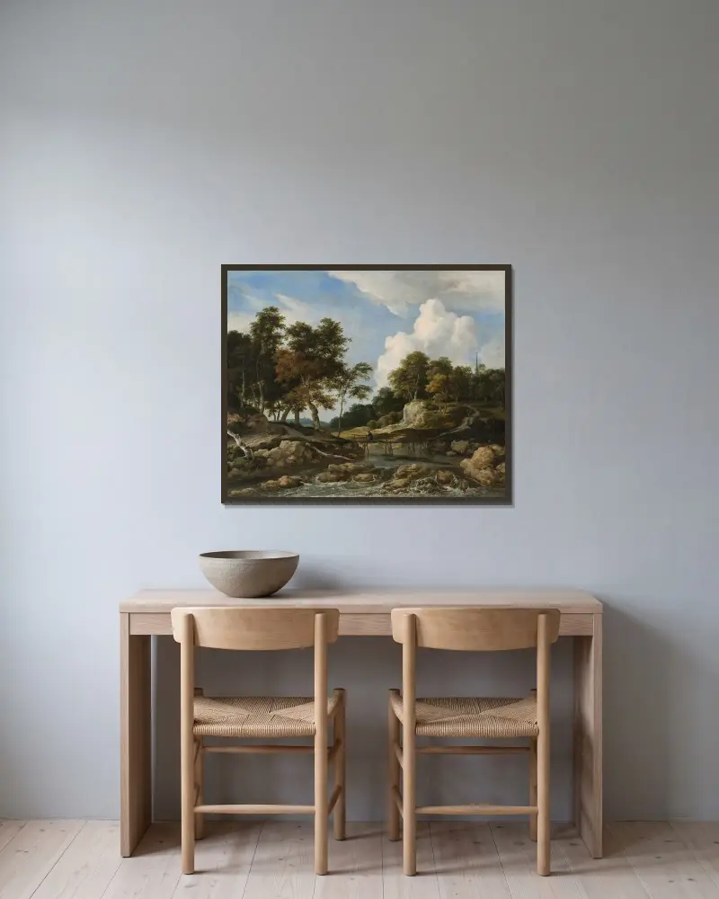Skogslandskap med flod och bro, kyrka i bakgrunden av Jacob van Ruisdael inramad på en vägg