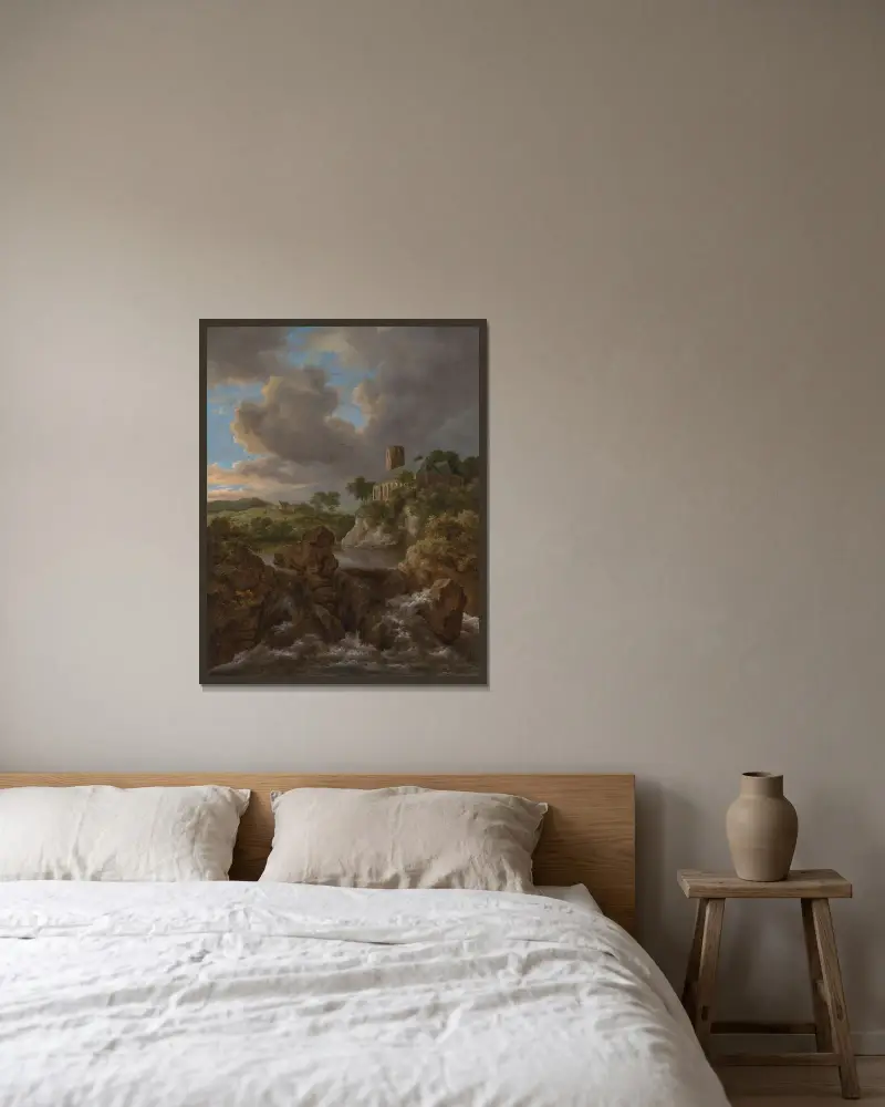 Skogslandskap med älv och vattenfall, kyrka och gård bortom av Jacob van Ruisdael inramad på en vägg