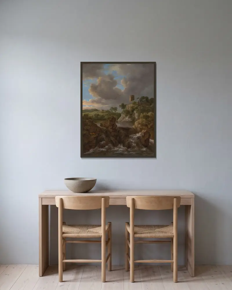 Skogslandskap med älv och vattenfall, kyrka och gård bortom av Jacob van Ruisdael inramad på en vägg