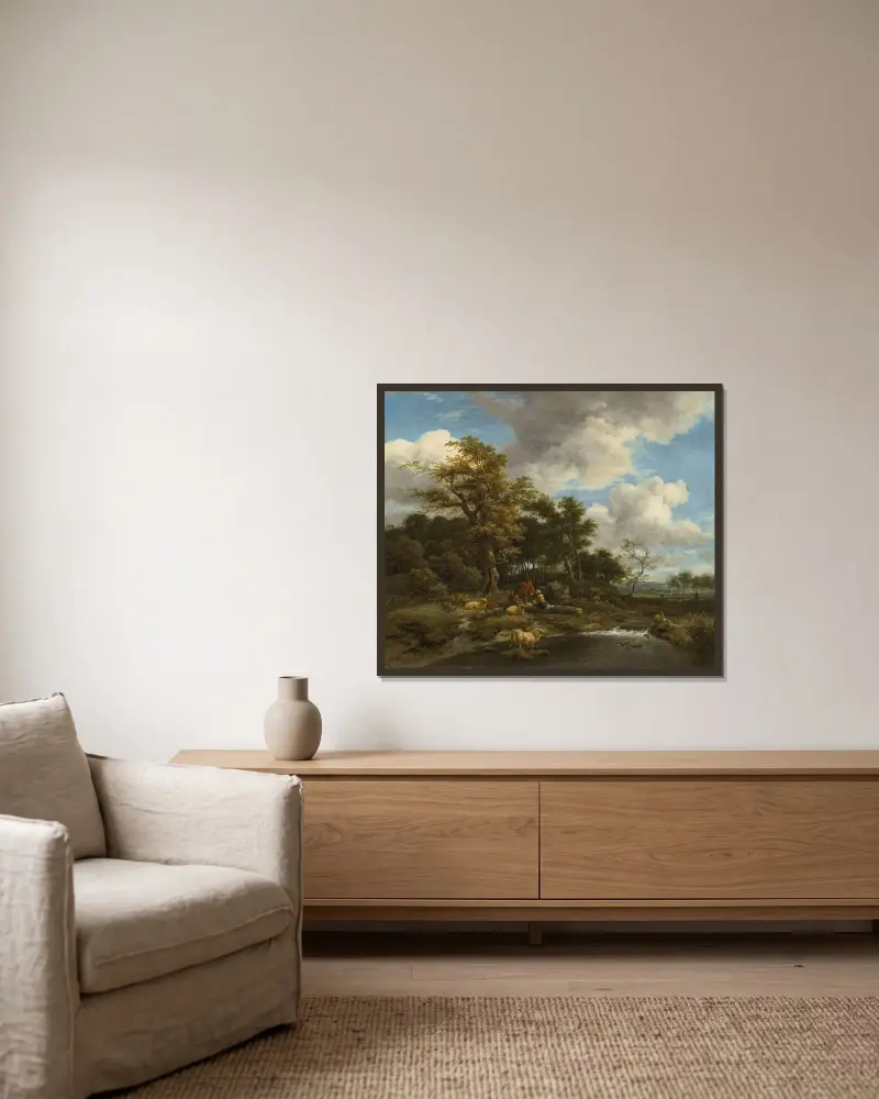 Skogslandskap med flod, herdar och deras hjord av Jacob van Ruisdael inramad på en vägg