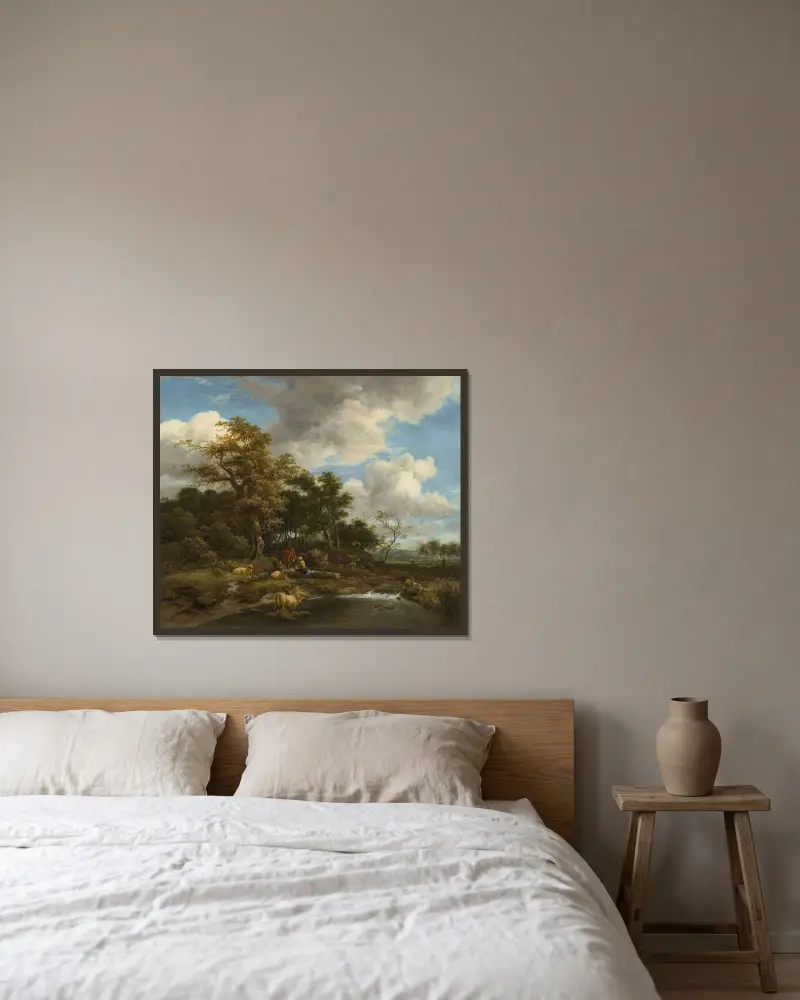 Skogslandskap med flod, herdar och deras hjord av Jacob van Ruisdael inramad på en vägg
