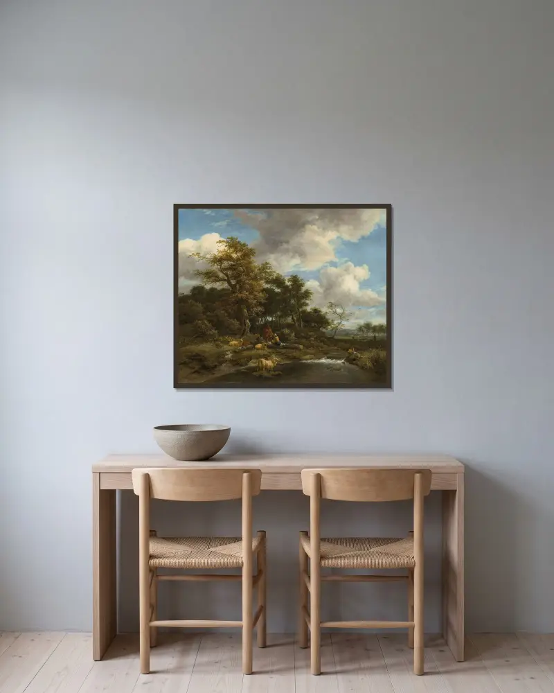 Skogslandskap med flod, herdar och deras hjord av Jacob van Ruisdael inramad på en vägg