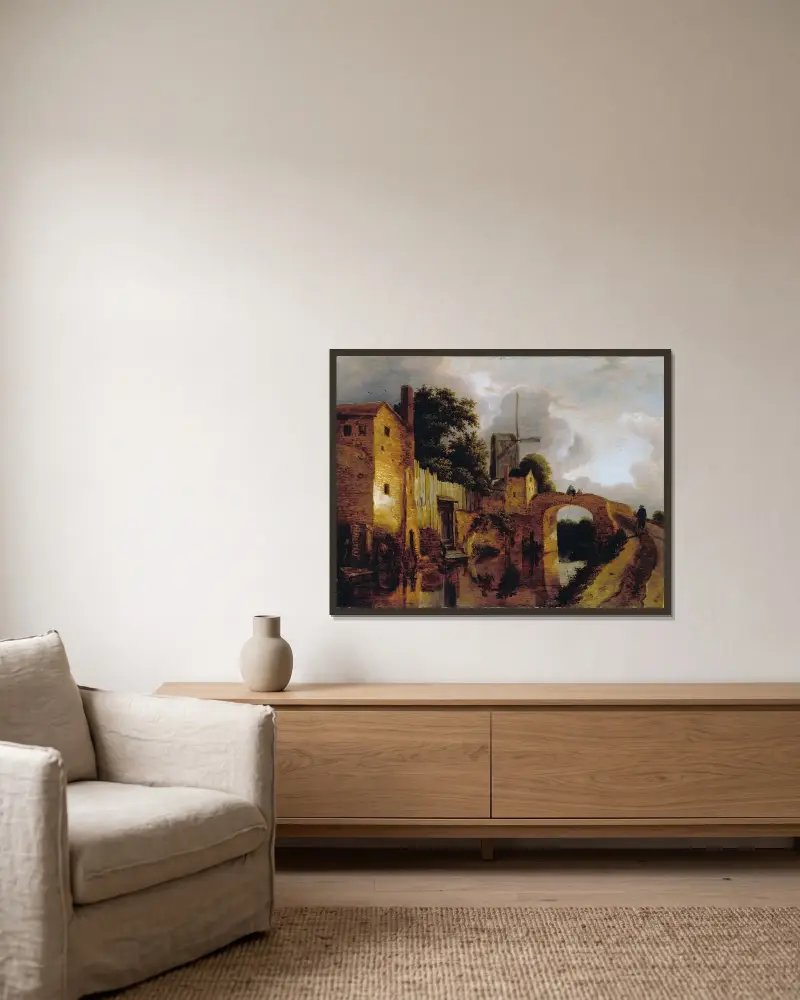 Kanal med bro av Jacob van Ruisdael inramad på en vägg