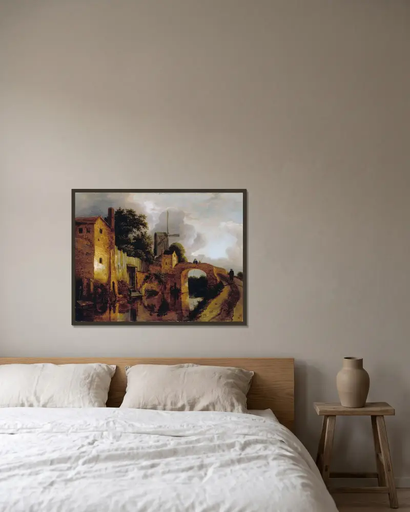 Kanal med bro av Jacob van Ruisdael inramad på en vägg