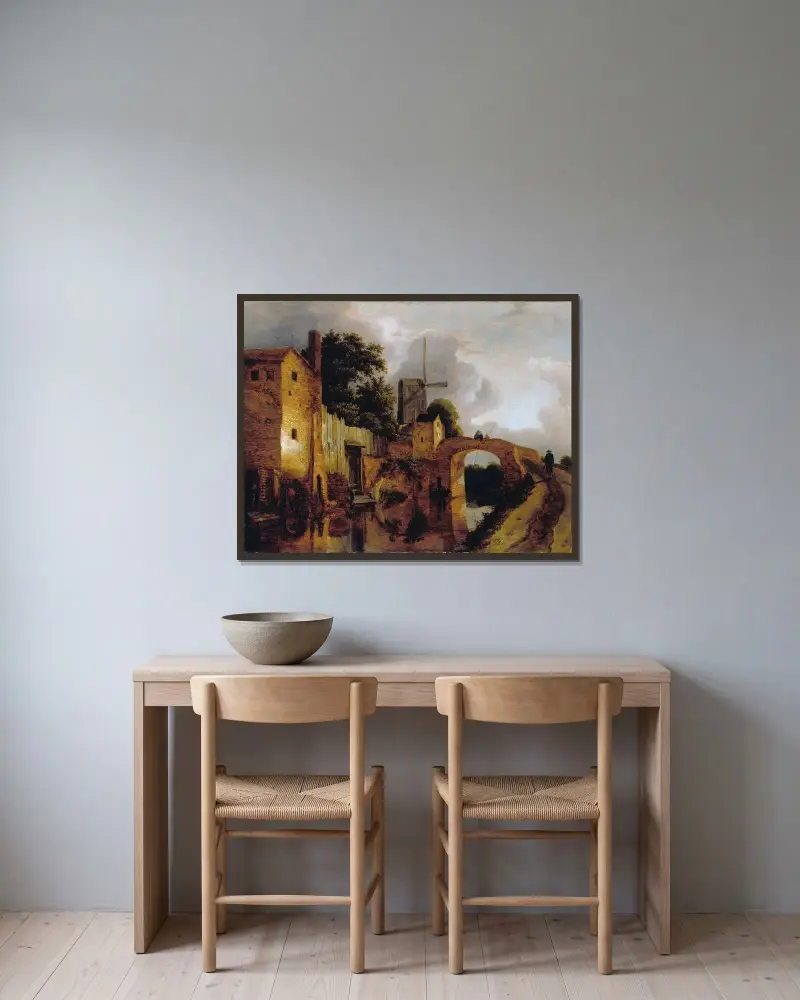 Kanal med bro av Jacob van Ruisdael inramad på en vägg