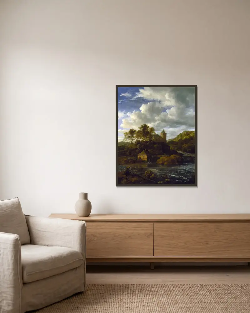 Slott och vattenkvarn vid en flod av Jacob van Ruisdael inramad på en vägg