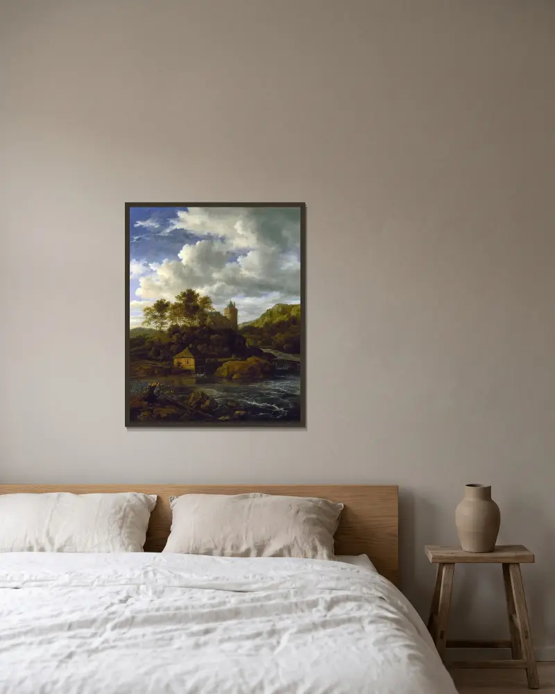 Slott och vattenkvarn vid en flod av Jacob van Ruisdael inramad på en vägg
