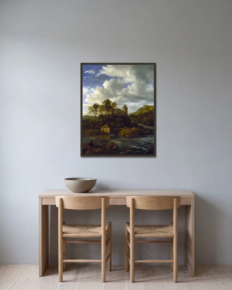 Slott och vattenkvarn vid en flod av Jacob van Ruisdael inramad på en vägg