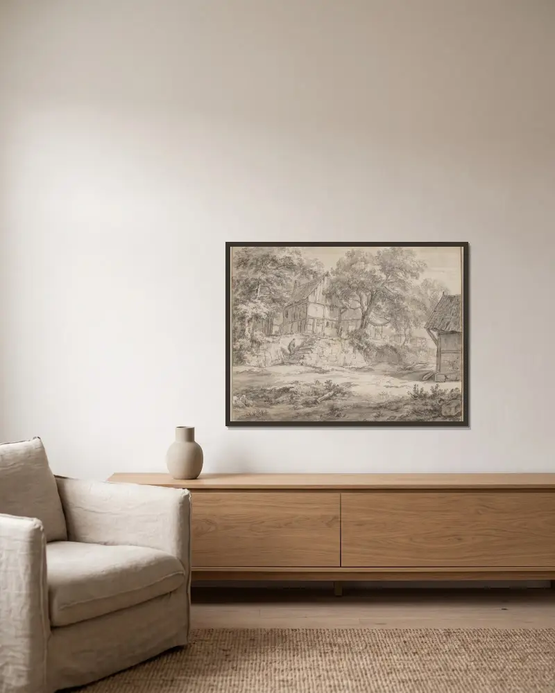 Chalupy mezi stromy, Jacob van Ruisdael v rámu na stěně