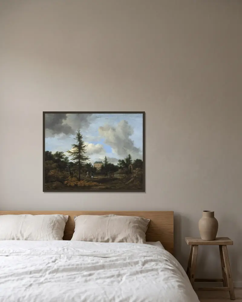 Lantgård i park av Jacob van Ruisdael inramad på en vägg