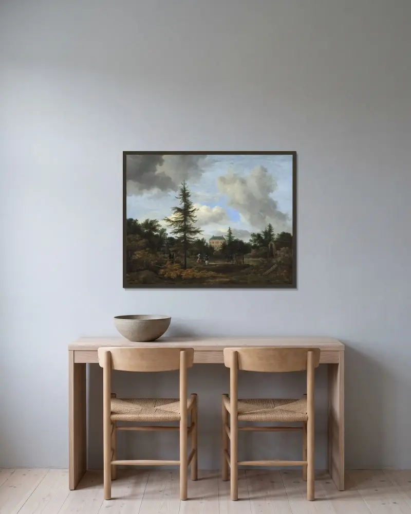 Lantgård i park av Jacob van Ruisdael inramad på en vägg