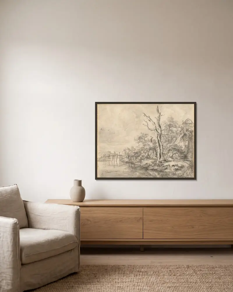 Dött träd vid en bäck nedanför en kulle av Jacob van Ruisdael inramad på en vägg