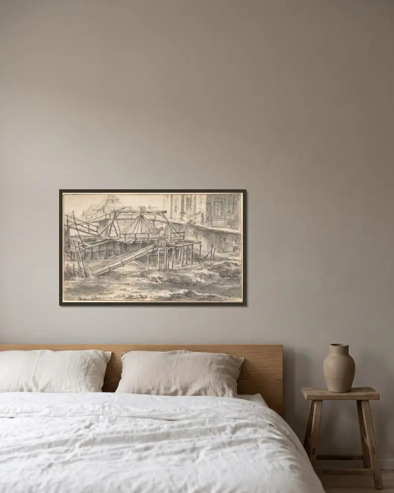Muddring av en kanal av Jacob van Ruisdael inramad på en vägg