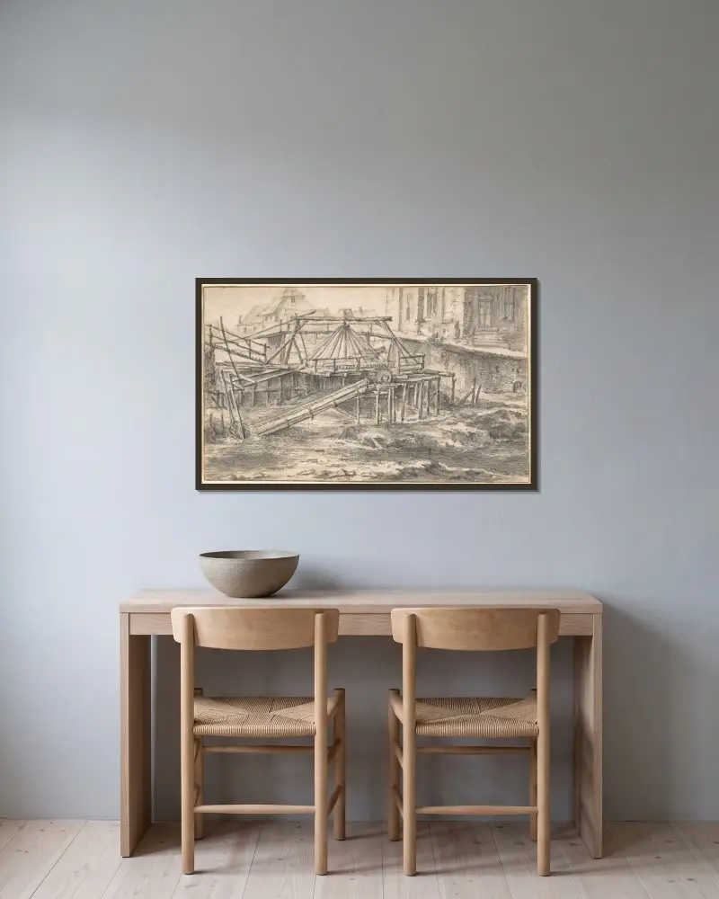 Muddring av en kanal av Jacob van Ruisdael inramad på en vägg