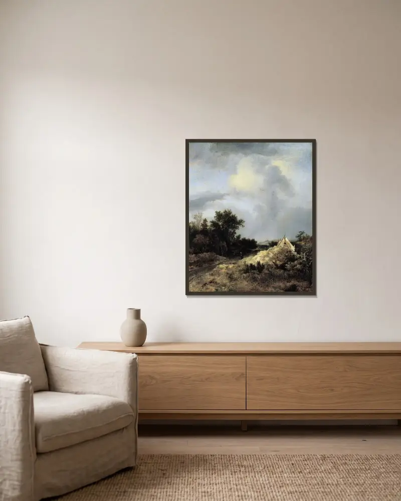 Dynlandskap med staket av Jacob van Ruisdael inramad på en vägg