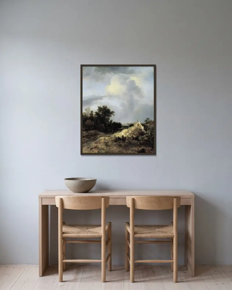 Dynlandskap med staket av Jacob van Ruisdael inramad på en vägg