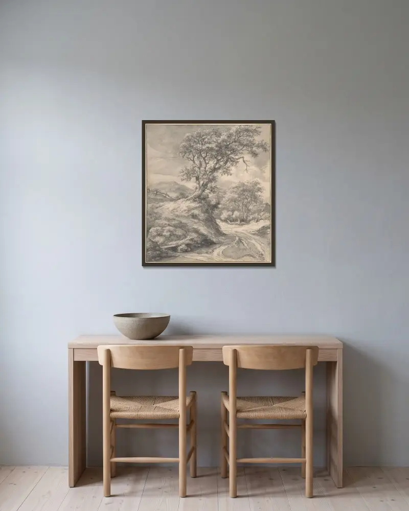 Dünenlandschaft mit Eiche von Jacob van Ruisdael gerahmt an einer Wand