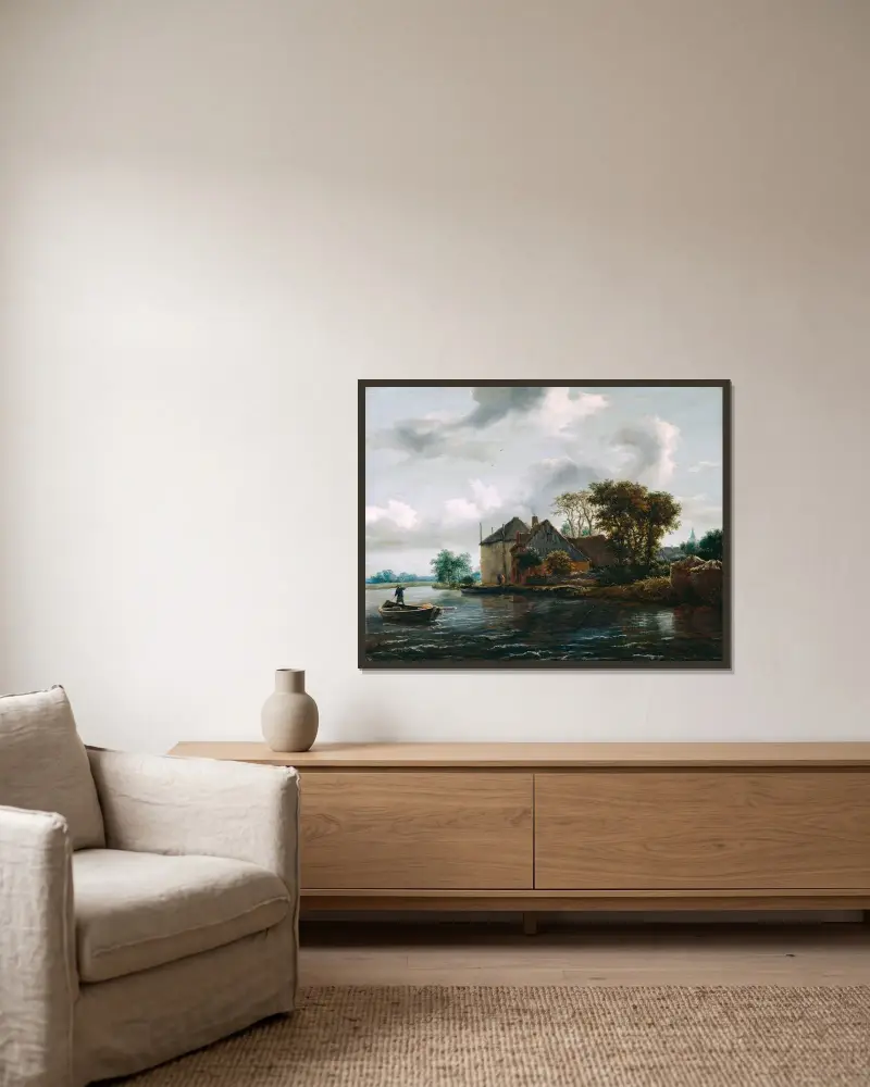 Bauernhof und Heuwagen an einem Fluss von Jacob van Ruisdael gerahmt an einer Wand